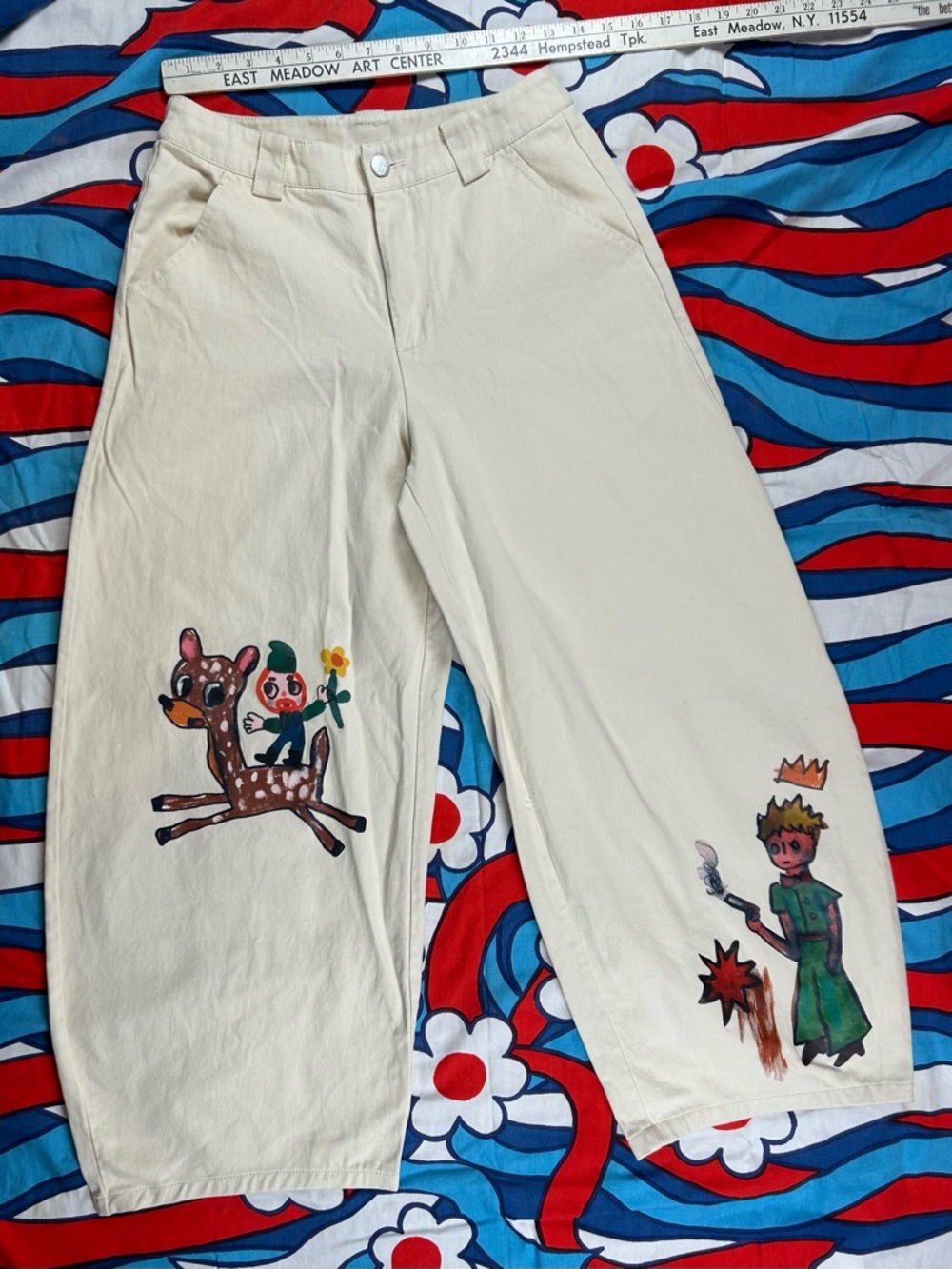 MOF x Iscream Colour  cream Barrel Leg Pants with little prince